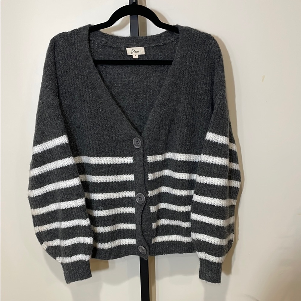 Elan Gray Cardigan Sweater with Striped Pattern